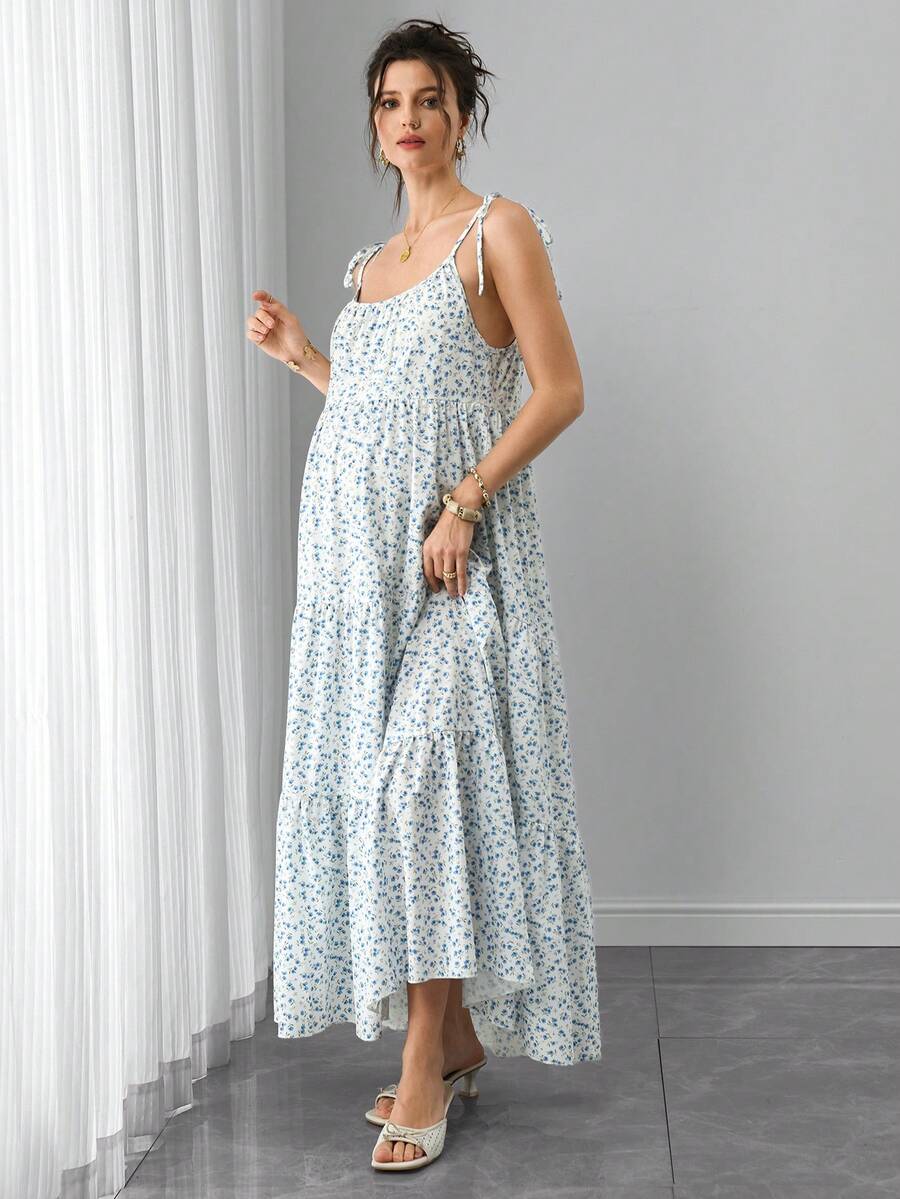 Maternity Ditsy Floral Cami Long Dress - Spaghetti Strap, Lace Up, Flounce Hem, Boho, Apricot