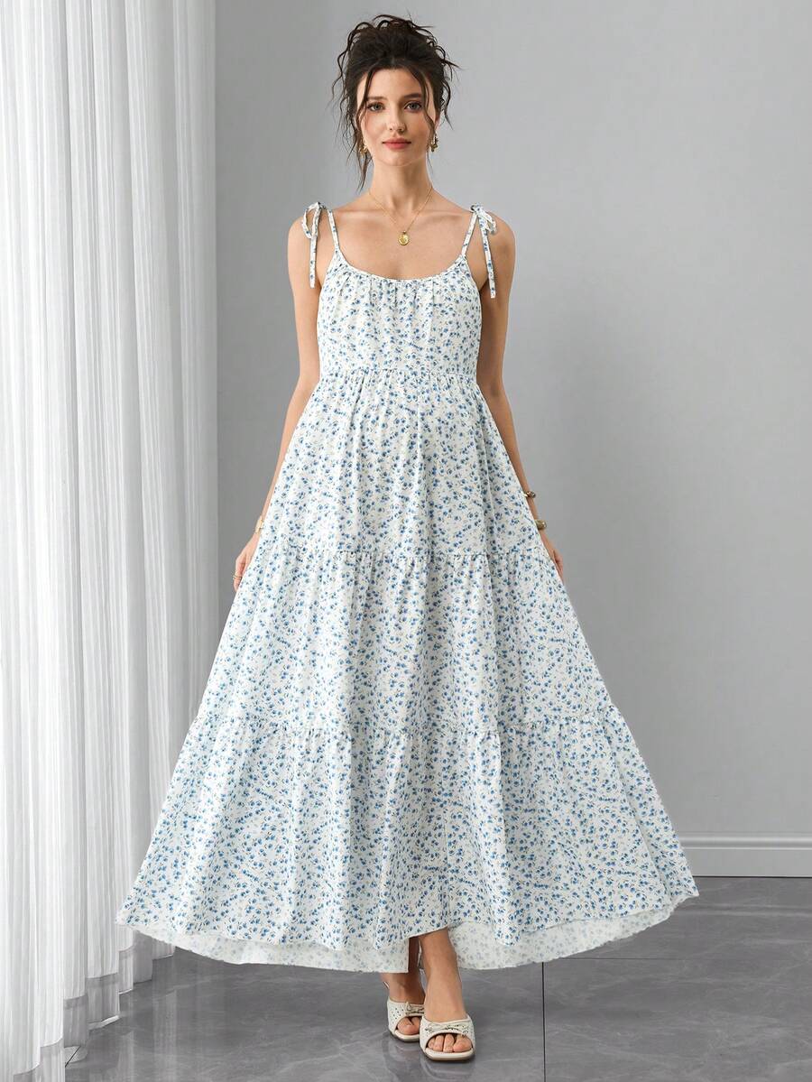 Maternity Ditsy Floral Cami Long Dress - Spaghetti Strap, Lace Up, Flounce Hem, Boho, Apricot