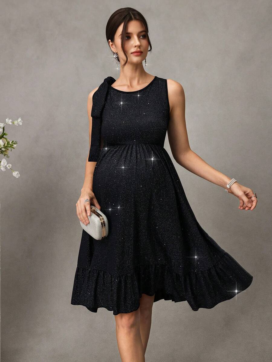 Black Shiny Maternity Party Dress - Elegant High Waist Sleeveless Round Neck Mini Dress - Slimming Ruched A-Line Maternity Night Out Dress