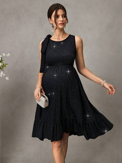 Black Shiny Maternity Party Dress - Elegant High Waist Sleeveless Round Neck Mini Dress - Slimming Ruched A-Line Maternity Night Out Dress