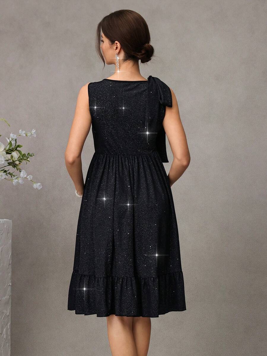 Black Shiny Maternity Party Dress - Elegant High Waist Sleeveless Round Neck Mini Dress - Slimming Ruched A-Line Maternity Night Out Dress