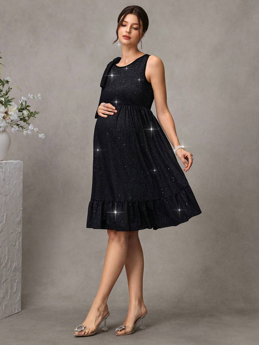 Black Shiny Maternity Party Dress - Elegant High Waist Sleeveless Round Neck Mini Dress - Slimming Ruched A-Line Maternity Night Out Dress