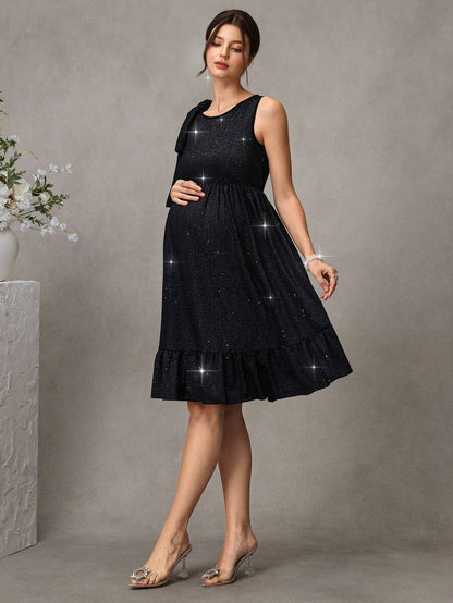 Black Shiny Maternity Party Dress - Elegant High Waist Sleeveless Round Neck Mini Dress - Slimming Ruched A-Line Maternity Night Out Dress