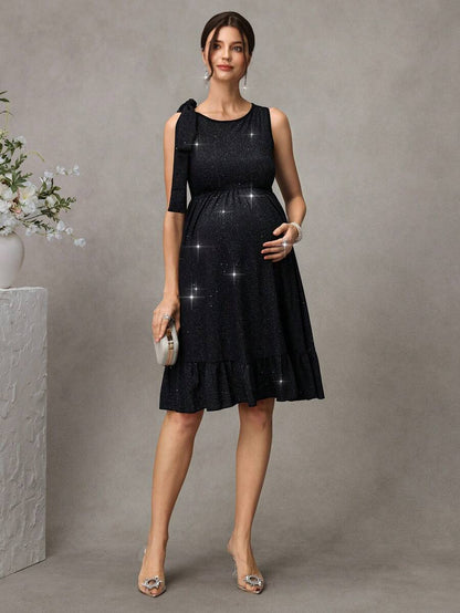 Black Shiny Maternity Party Dress - Elegant High Waist Sleeveless Round Neck Mini Dress - Slimming Ruched A-Line Maternity Night Out Dress
