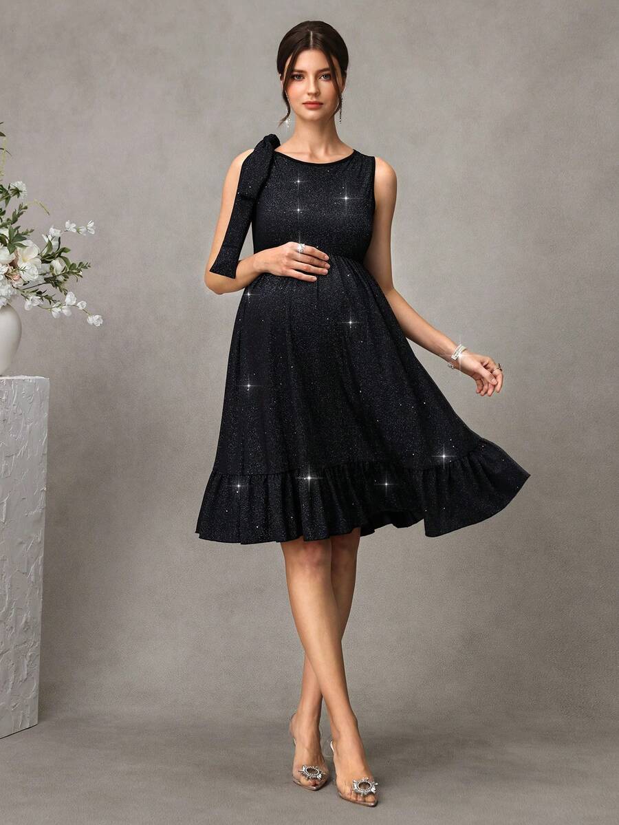 Black Shiny Maternity Party Dress - Elegant High Waist Sleeveless Round Neck Mini Dress - Slimming Ruched A-Line Maternity Night Out Dress