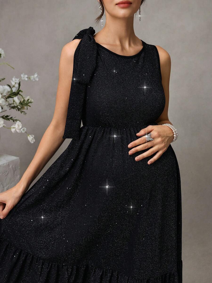 Black Shiny Maternity Party Dress - Elegant High Waist Sleeveless Round Neck Mini Dress - Slimming Ruched A-Line Maternity Night Out Dress