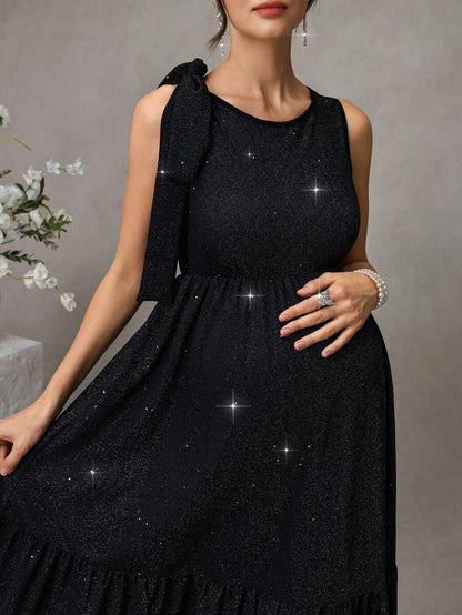 Black Shiny Maternity Party Dress - Elegant High Waist Sleeveless Round Neck Mini Dress - Slimming Ruched A-Line Maternity Night Out Dress