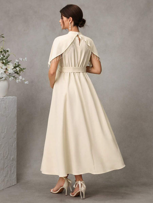 Maternity Elegant Long Dress - Stand Collar, Cloak Short Sleeve, Tassel, Bolero, Apricot