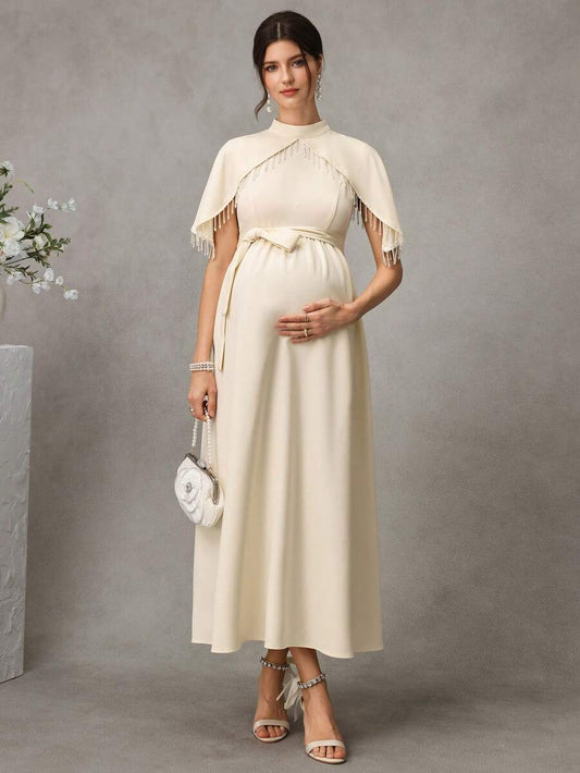 Maternity Elegant Long Dress - Stand Collar, Cloak Short Sleeve, Tassel, Bolero, Apricot