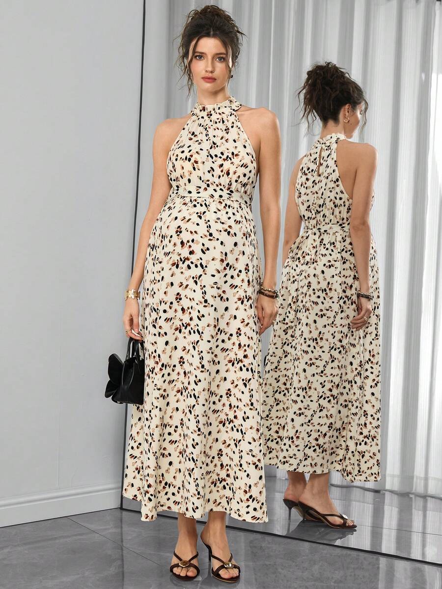 Multicolor Floral Print Ruffle Neck Maternity Midi Dress - Boho Sleeveless A-Line Belted Dress for Pregnant Women - High Waist Summer Beach and Office Wear