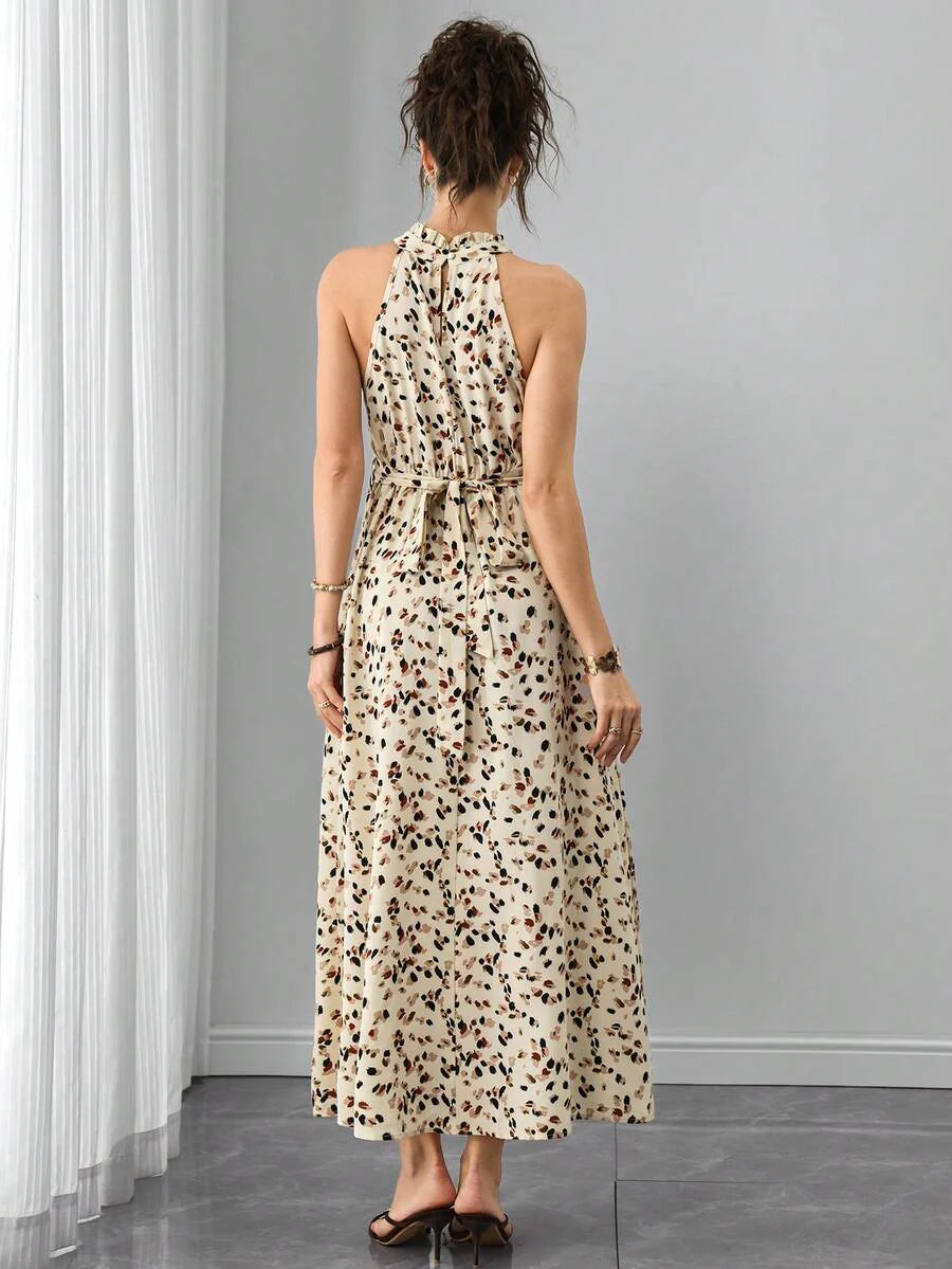 Multicolor Floral Print Ruffle Neck Maternity Midi Dress - Boho Sleeveless A-Line Belted Dress for Pregnant Women - High Waist Summer Beach and Office Wear