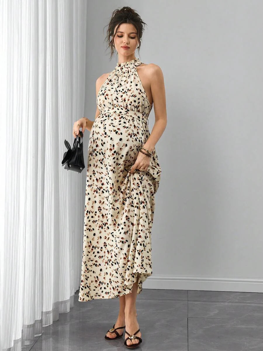 Multicolor Floral Print Ruffle Neck Maternity Midi Dress - Boho Sleeveless A-Line Belted Dress for Pregnant Women - High Waist Summer Beach and Office Wear
