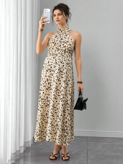 Multicolor Floral Print Ruffle Neck Maternity Midi Dress - Boho Sleeveless A-Line Belted Dress for Pregnant Women - High Waist Summer Beach and Office Wear