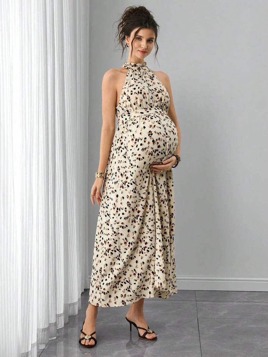 Multicolor Floral Print Ruffle Neck Maternity Midi Dress - Boho Sleeveless A-Line Belted Dress for Pregnant Women - High Waist Summer Beach and Office Wear