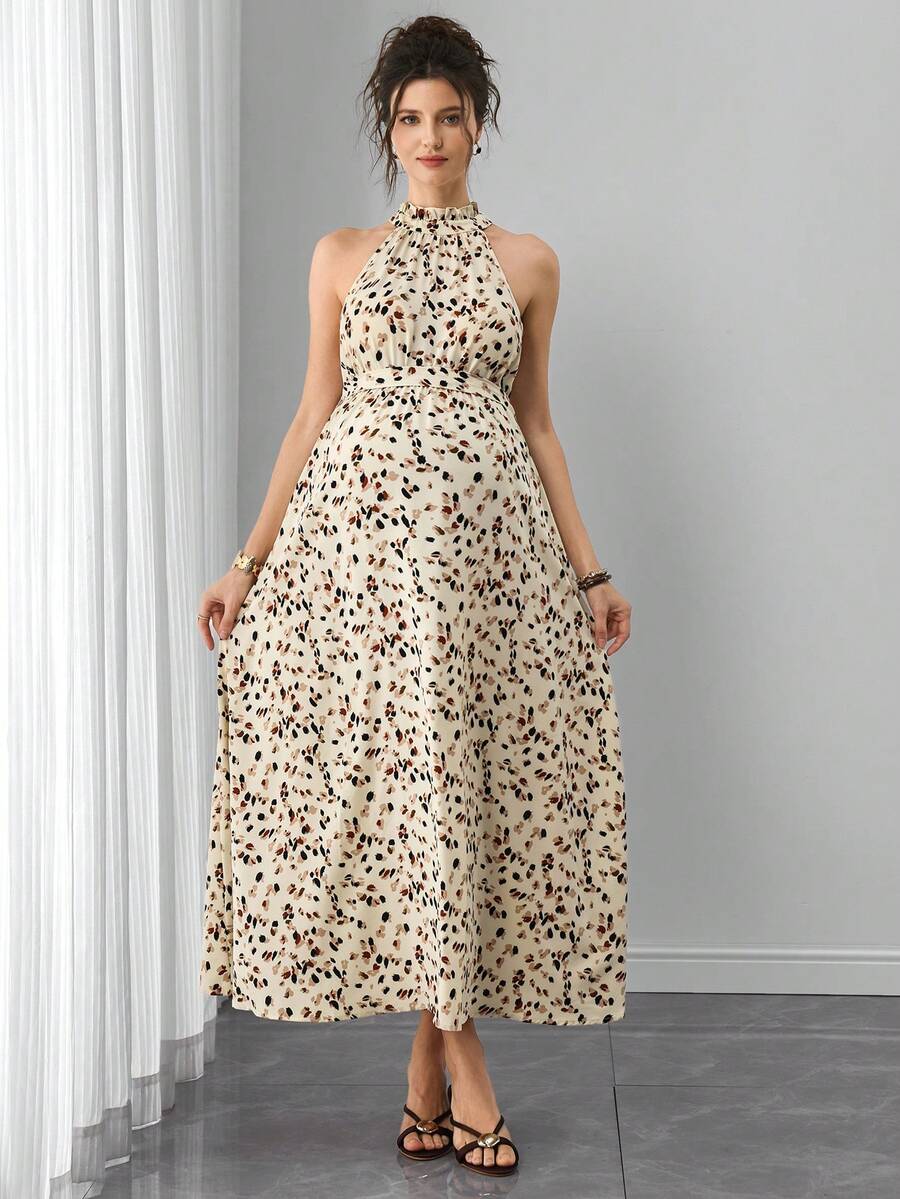 Multicolor Floral Print Ruffle Neck Maternity Midi Dress - Boho Sleeveless A-Line Belted Dress for Pregnant Women - High Waist Summer Beach and Office Wear