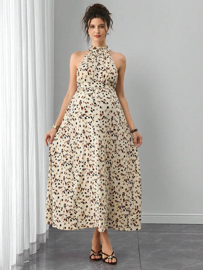 Multicolor Floral Print Ruffle Neck Maternity Midi Dress - Boho Sleeveless A-Line Belted Dress for Pregnant Women - High Waist Summer Beach and Office Wear