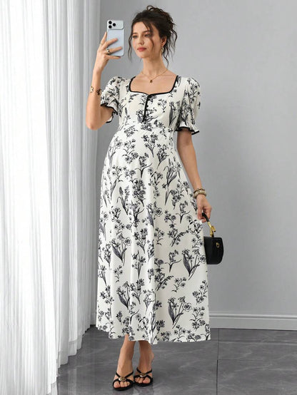 Vintage Floral Print Square Neck Maternity Maxi Dress - Elegant Puff Half Sleeve Boho A-Line Midi - High Waist Summer Pregnancy Clothes for Office and Vacation