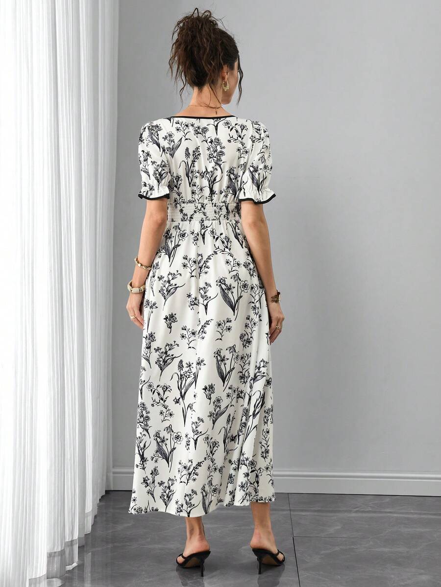 Vintage Floral Print Square Neck Maternity Maxi Dress - Elegant Puff Half Sleeve Boho A-Line Midi - High Waist Summer Pregnancy Clothes for Office and Vacation
