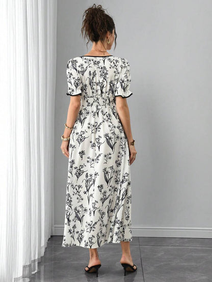 Vintage Floral Print Square Neck Maternity Maxi Dress - Elegant Puff Half Sleeve Boho A-Line Midi - High Waist Summer Pregnancy Clothes for Office and Vacation