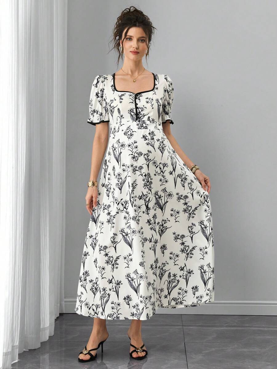 Vintage Floral Print Square Neck Maternity Maxi Dress - Elegant Puff Half Sleeve Boho A-Line Midi - High Waist Summer Pregnancy Clothes for Office and Vacation