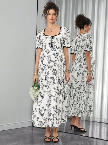 Vintage Floral Print Square Neck Maternity Maxi Dress - Elegant Puff Half Sleeve Boho A-Line Midi - High Waist Summer Pregnancy Clothes for Office and Vacation