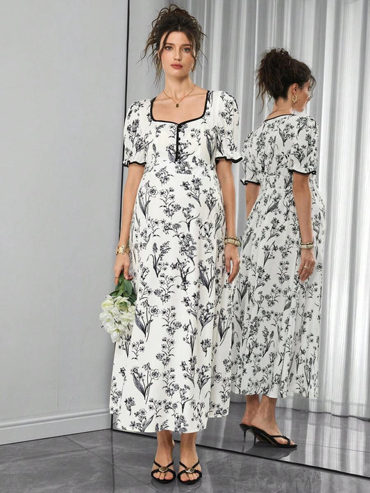 Vintage Floral Print Square Neck Maternity Maxi Dress - Elegant Puff Half Sleeve Boho A-Line Midi - High Waist Summer Pregnancy Clothes for Office and Vacation