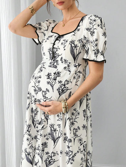 Vintage Floral Print Square Neck Maternity Maxi Dress - Elegant Puff Half Sleeve Boho A-Line Midi - High Waist Summer Pregnancy Clothes for Office and Vacation