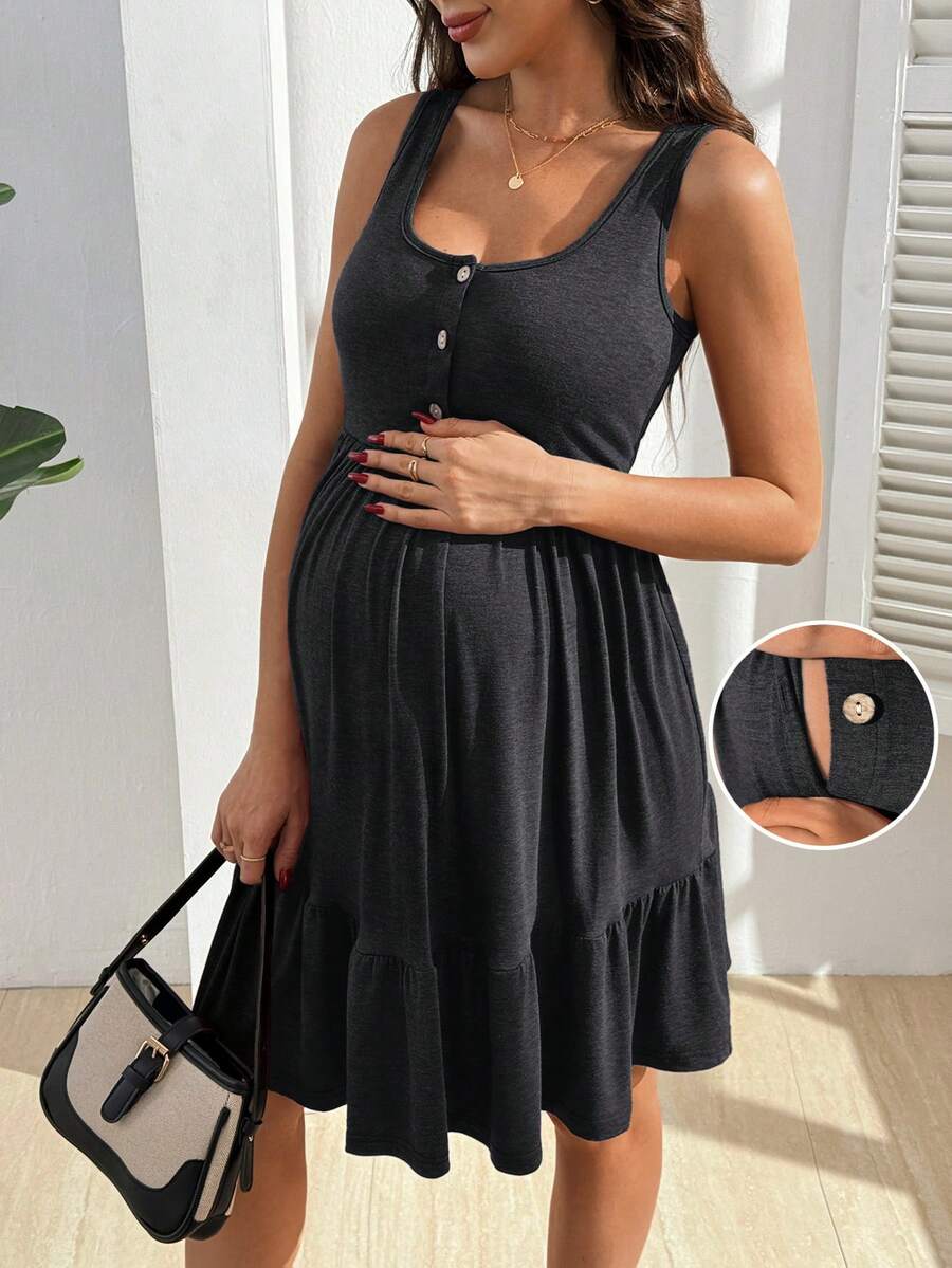 Maternity Nursing Dress - Solid Color Minimalist Sleeveless, Burgundy