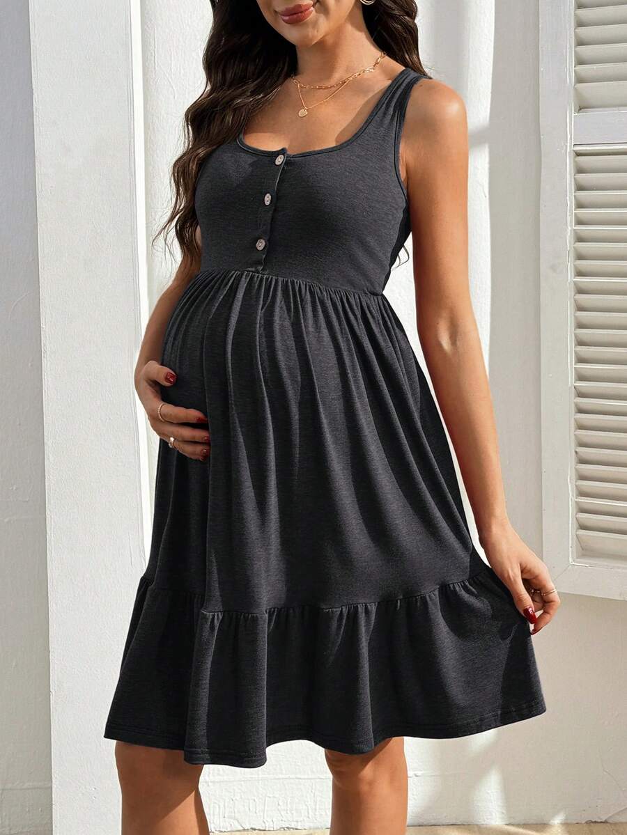 Blue Button Front Nursing Dress - Slim Fit Square Neck Maternity Summer Dress - High Stretch Sleeveless Ribbed Knit Bump Friendly Mini Dress