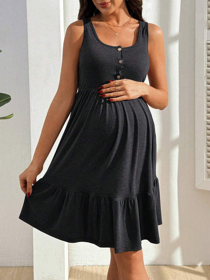 Maternity Nursing Dress - Solid Color Minimalist Sleeveless, Burgundy
