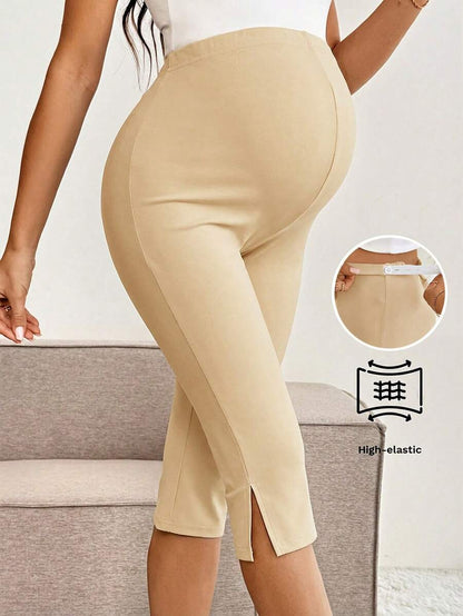 Maternity Solid Color Adjustable Waist Slit Hem Casual Cropped Leggings Maternity Leggings Pregnancy Pants Pregnancy Clothing