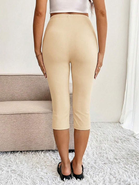 Apricot Maternity High Waist Slit Ankle Pants - Stretchy Fitted Knitted Capris - Comfortable Elastic Waist Summer Leggings for Daily Wear