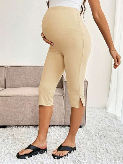Apricot Maternity High Waist Slit Ankle Pants - Stretchy Fitted Knitted Capris - Comfortable Elastic Waist Summer Leggings for Daily Wear
