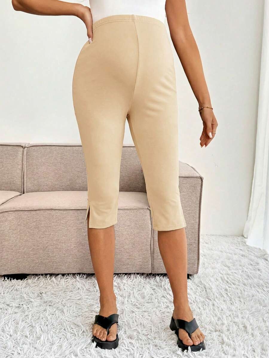 Maternity Solid Color Adjustable Waist Slit Hem Casual Cropped Leggings Maternity Leggings Pregnancy Pants Pregnancy Clothing