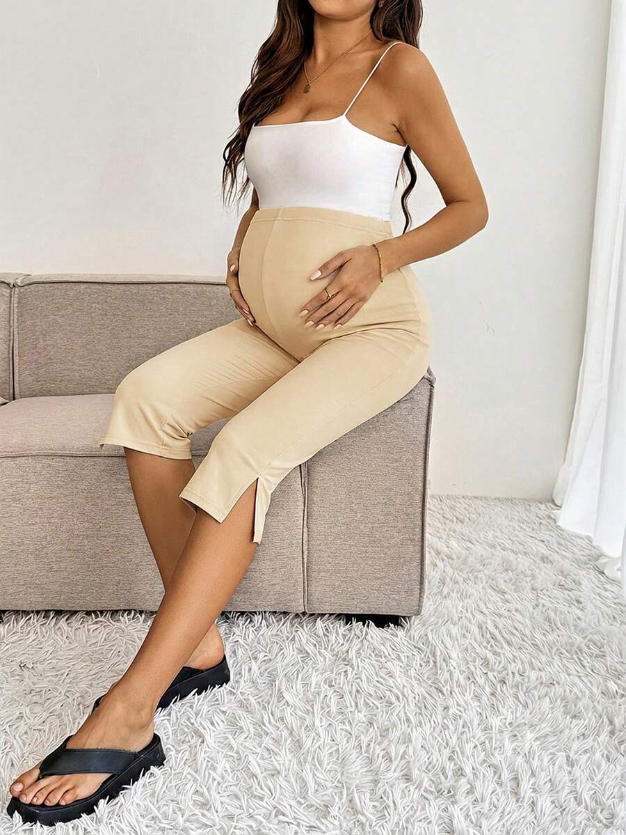 Maternity Solid Color Adjustable Waist Slit Hem Casual Cropped Leggings Maternity Leggings Pregnancy Pants Pregnancy Clothing
