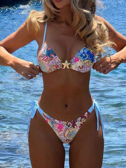 Swim Vcay Women Paisley Retro Print Metal Star Decor Ruched High Cut Wrap Bikini Set, For Beach Resort For Summer Beach Vacation