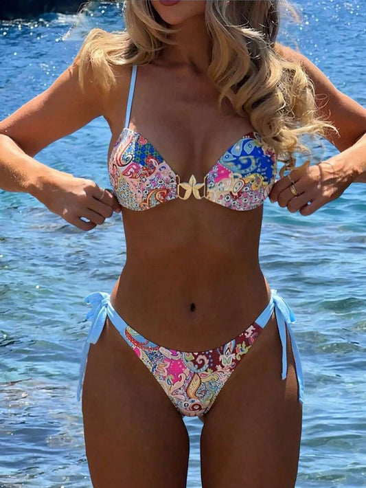 Swim Vcay Women Paisley Retro Print Metal Star Decor Ruched High Cut Wrap Bikini Set, For Beach Resort For Summer Beach Vacation