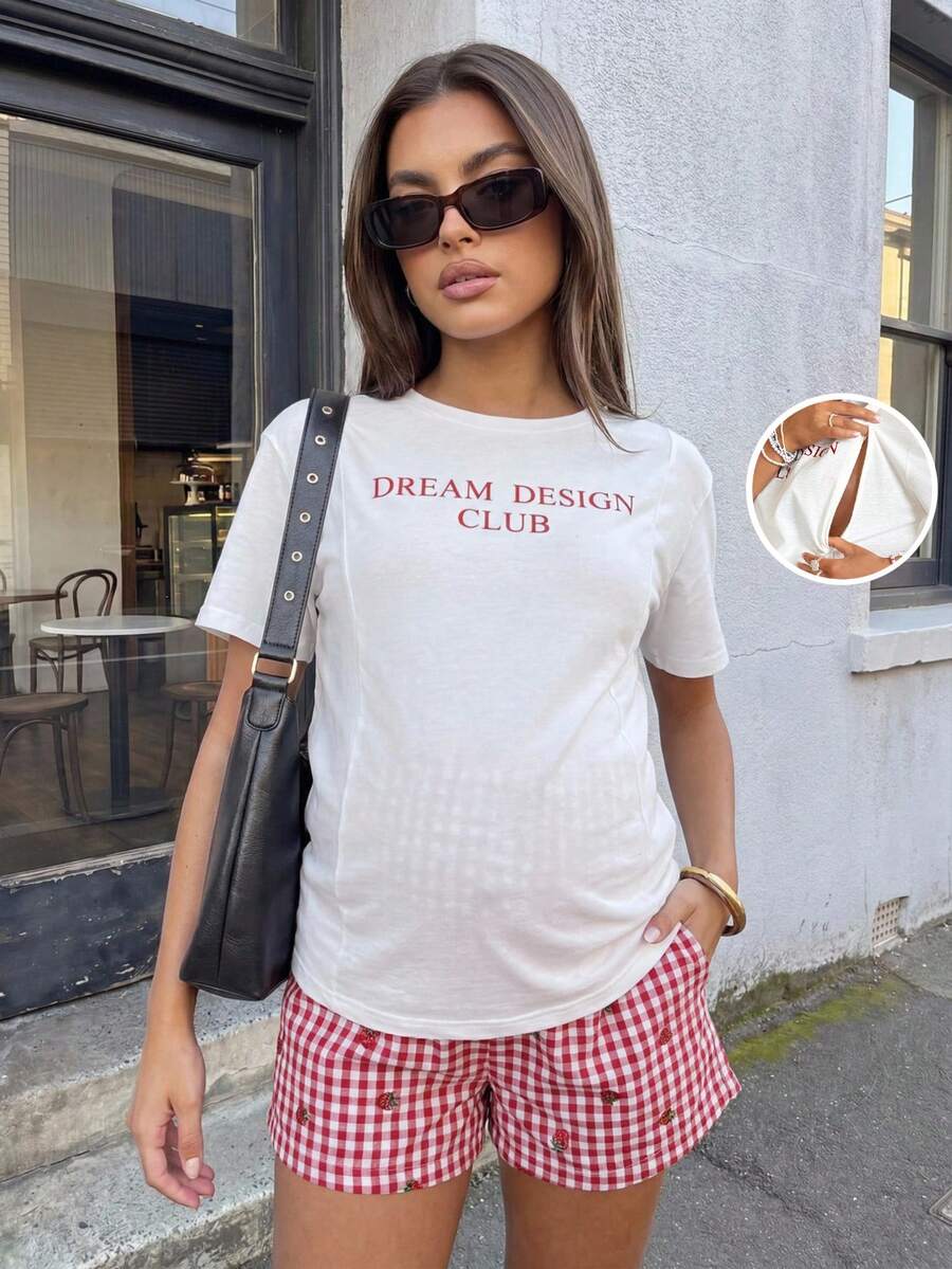 Red and White Maternity Nursing Two-Piece Set - Loose Lettering Print T-Shirt and Plaid Mini Shorts - Summer Beach Casual 2-Piece Outfit