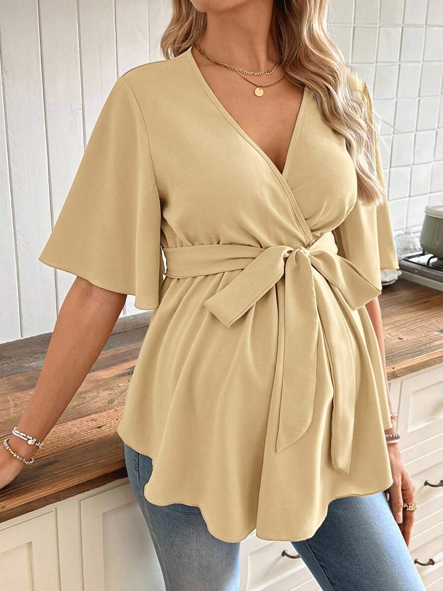 V-Neck Maternity Peplum Blouse with Flounce Sleeves and Adjustable Waist Belt in Dusty Pink for Work or Casual Wear