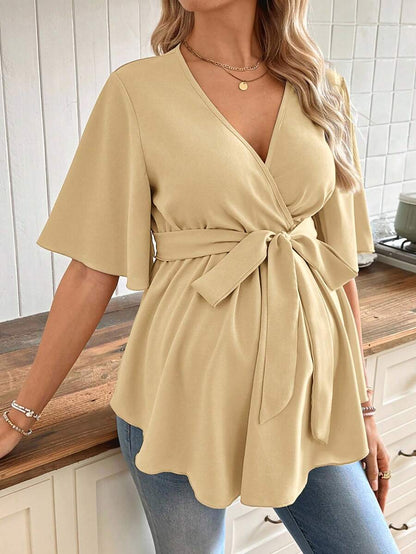 V-Neck Maternity Peplum Blouse with Flounce Sleeves and Adjustable Waist Belt in Dusty Pink for Work or Casual Wear