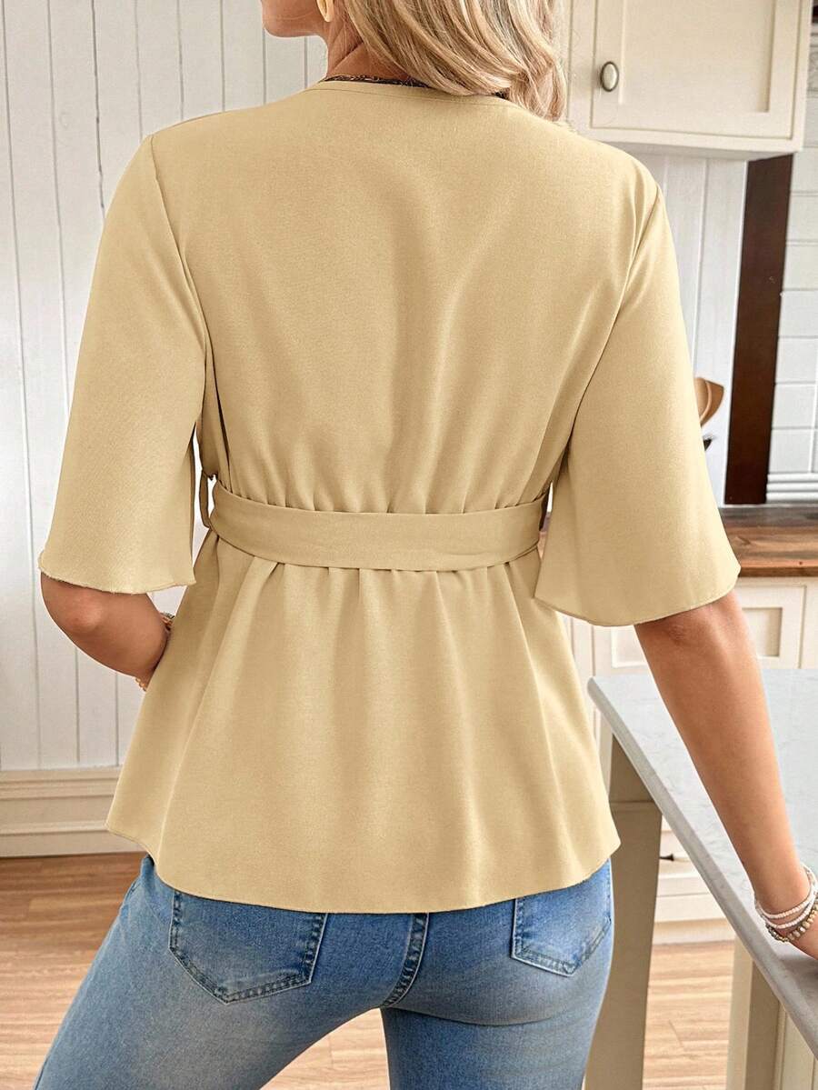 V-Neck Maternity Peplum Blouse with Flounce Sleeves and Adjustable Waist Belt in Dusty Pink for Work or Casual Wear