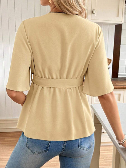 V-Neck Maternity Peplum Blouse with Flounce Sleeves and Adjustable Waist Belt in Dusty Pink for Work or Casual Wear