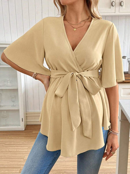 V-Neck Maternity Peplum Blouse with Flounce Sleeves and Adjustable Waist Belt in Dusty Pink for Work or Casual Wear