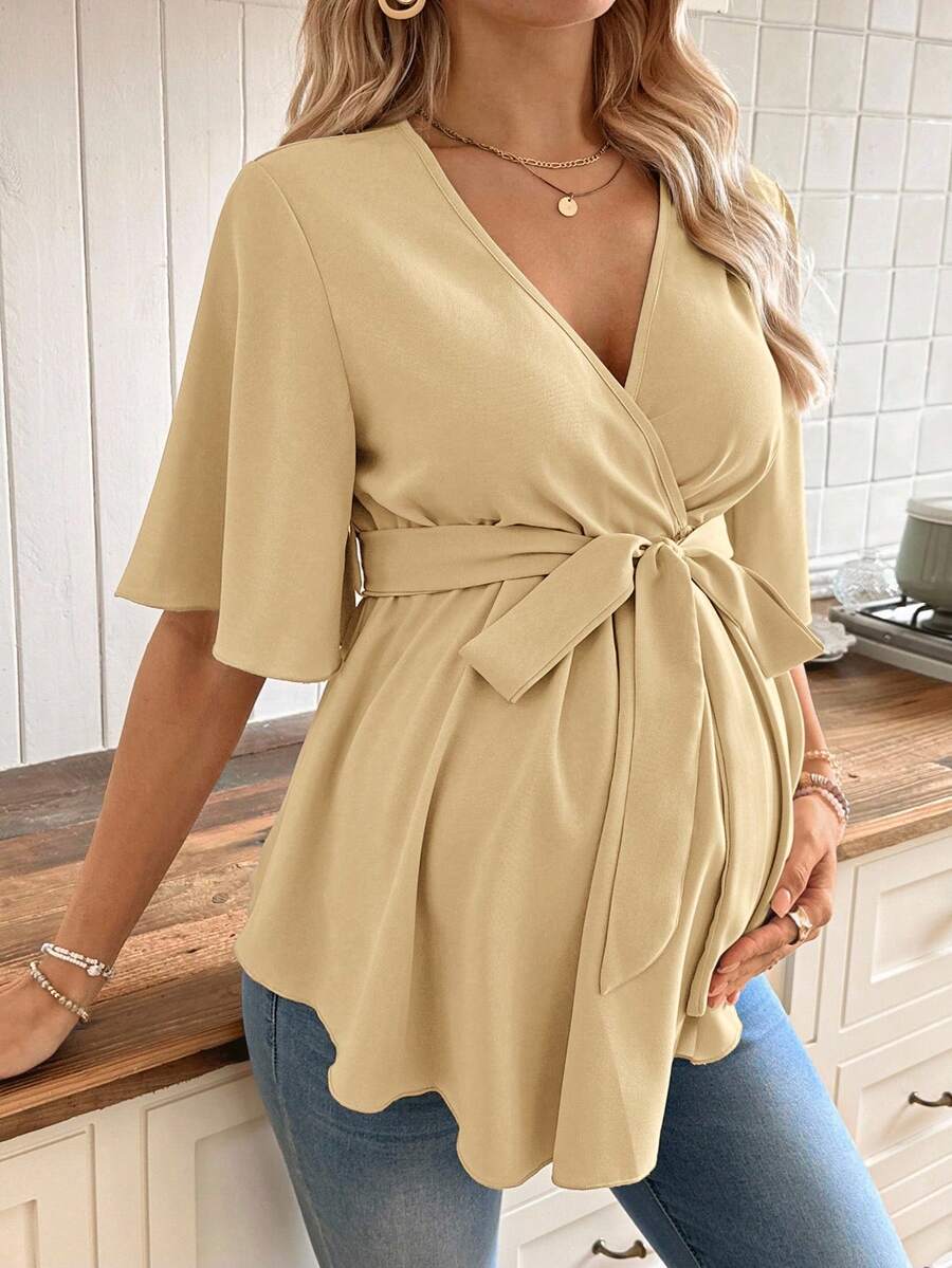 V-Neck Maternity Peplum Blouse with Flounce Sleeves and Adjustable Waist Belt in Dusty Pink for Work or Casual Wear