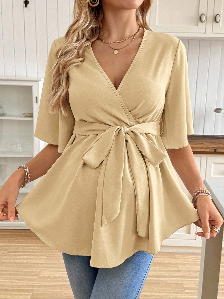 V-Neck Maternity Peplum Blouse with Flounce Sleeves and Adjustable Waist Belt in Dusty Pink for Work or Casual Wear