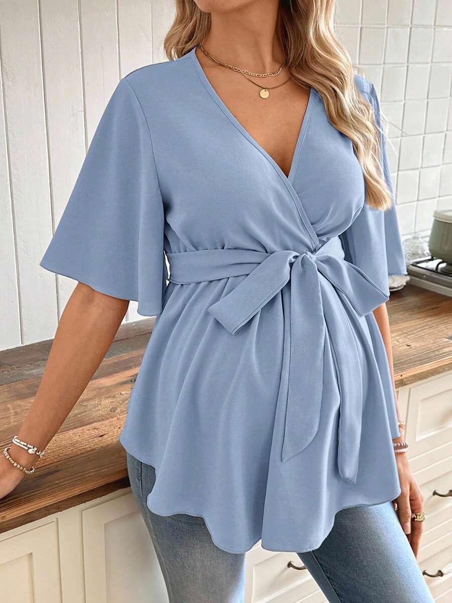 V-Neck Maternity Peplum Blouse with Flounce Sleeves and Adjustable Waist Belt in Dusty Pink for Work or Casual Wear