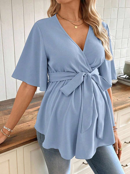 V-Neck Maternity Peplum Blouse with Flounce Sleeves and Adjustable Waist Belt in Dusty Pink for Work or Casual Wear