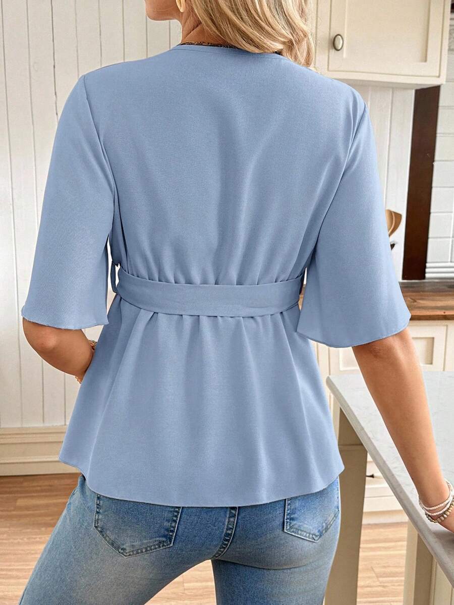 V-Neck Maternity Peplum Blouse with Flounce Sleeves and Adjustable Waist Belt in Dusty Pink for Work or Casual Wear