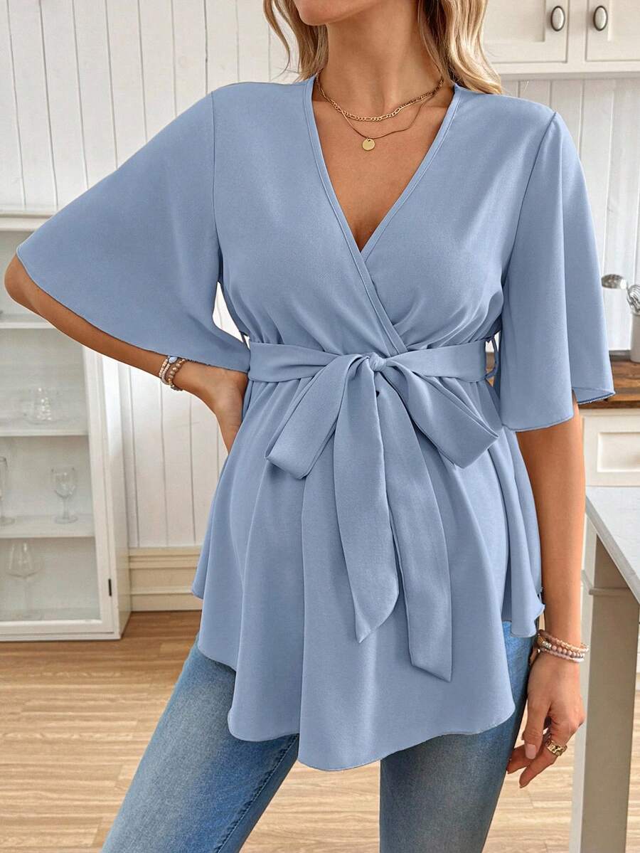 V-Neck Maternity Peplum Blouse with Flounce Sleeves and Adjustable Waist Belt in Dusty Pink for Work or Casual Wear