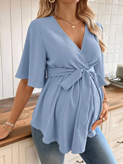 V-Neck Maternity Peplum Blouse with Flounce Sleeves and Adjustable Waist Belt in Dusty Pink for Work or Casual Wear